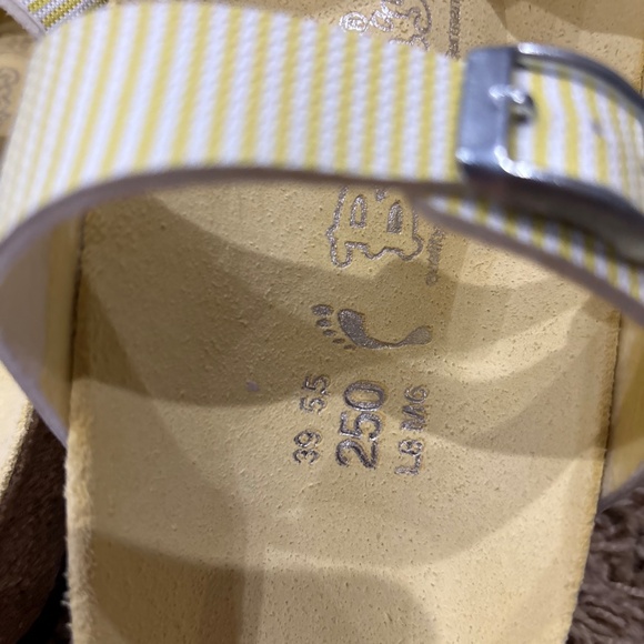 Birki's by Birkenstock Aziza Yellow & White Stripes Double Strap Slides Sandals - Picture 12 of 13